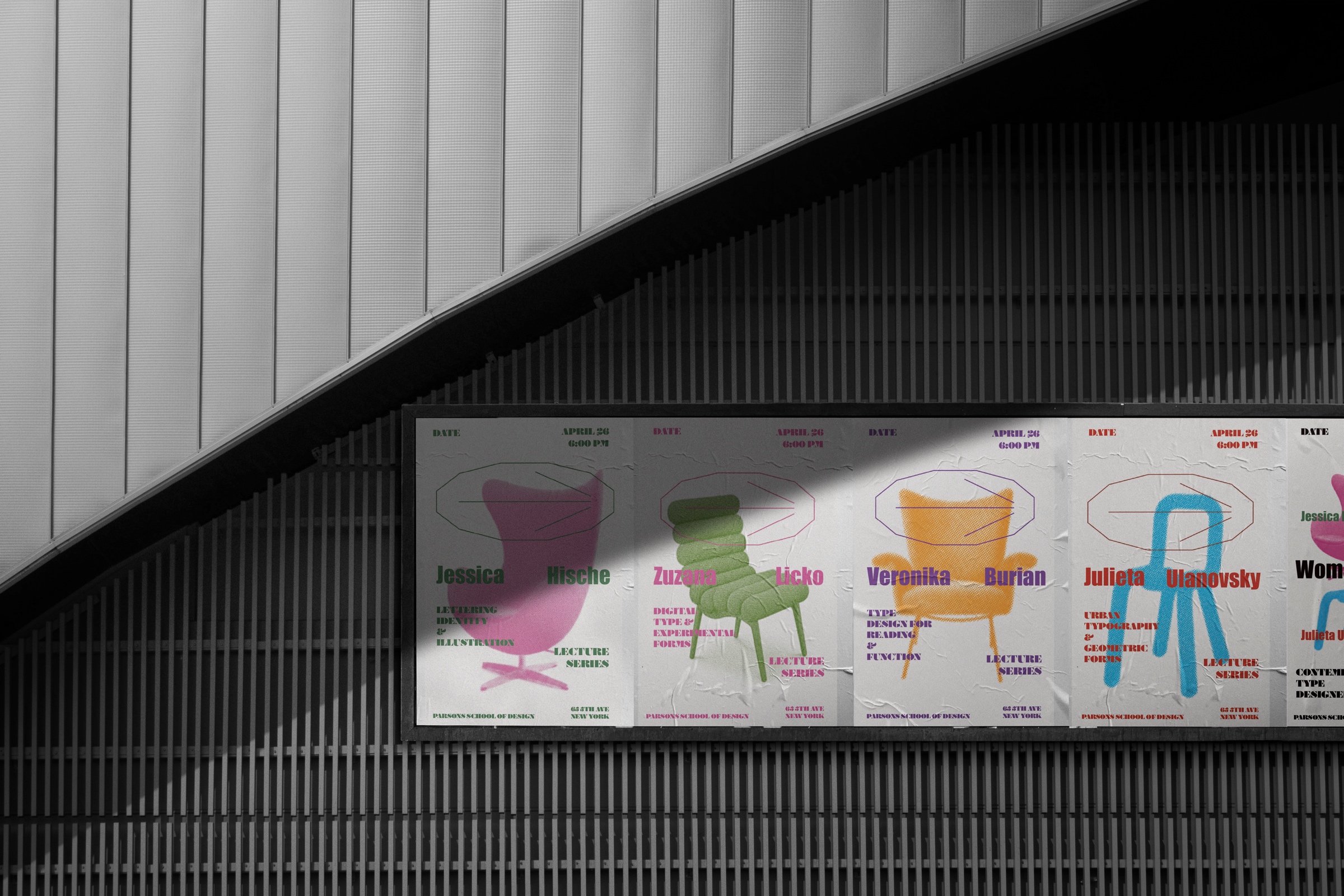 Five lecture posters installed together on a wall